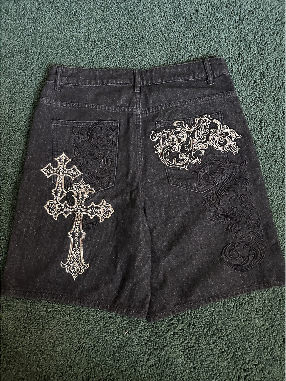 Black Denim Shorts with Embroidered Cross Design